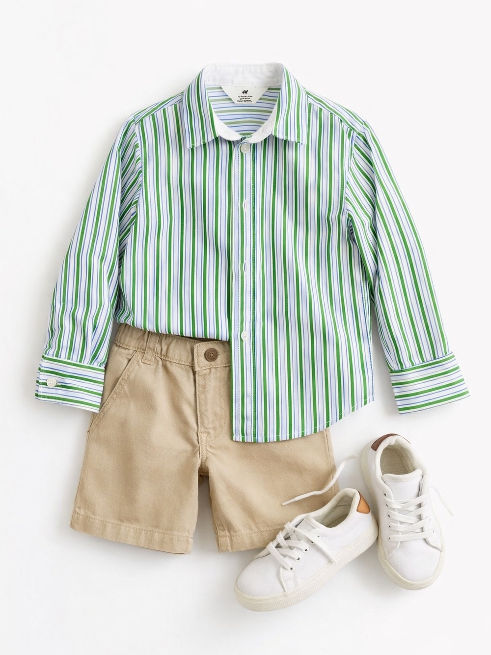 H&M Boys Striped Button Down Shirt Size 4-5Y Green Blue EUC